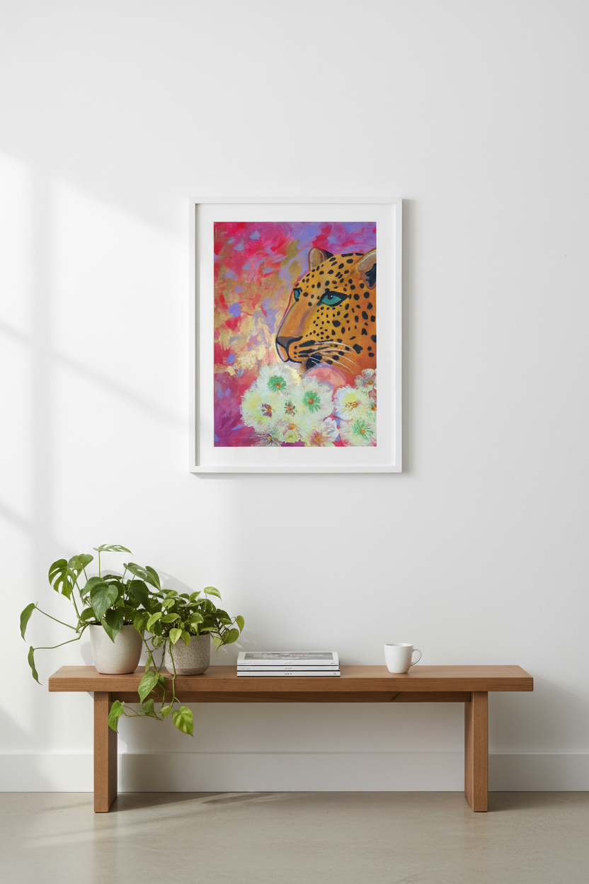 Jaguar in Flowers A3 print displayed in a gallery wall setting